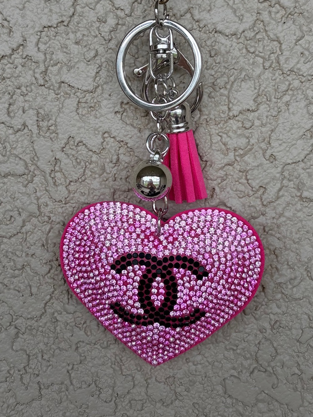 Vibrant Pink Crystal Heart Keychain with Black Monogram